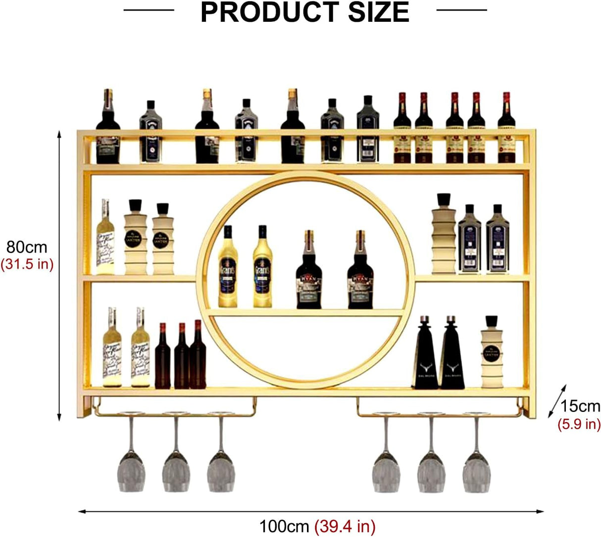 OMKUOSYA Wine Rack Wall Mounted with LED Light, 3-Tier Metal Floating Bar Shelves Wine Glass Holder, Liquor Bottle Storage Display Shelf for Home Bar, Dining Room & Kitchen (Gold, 39.4in/100cm) OMKUOSYA