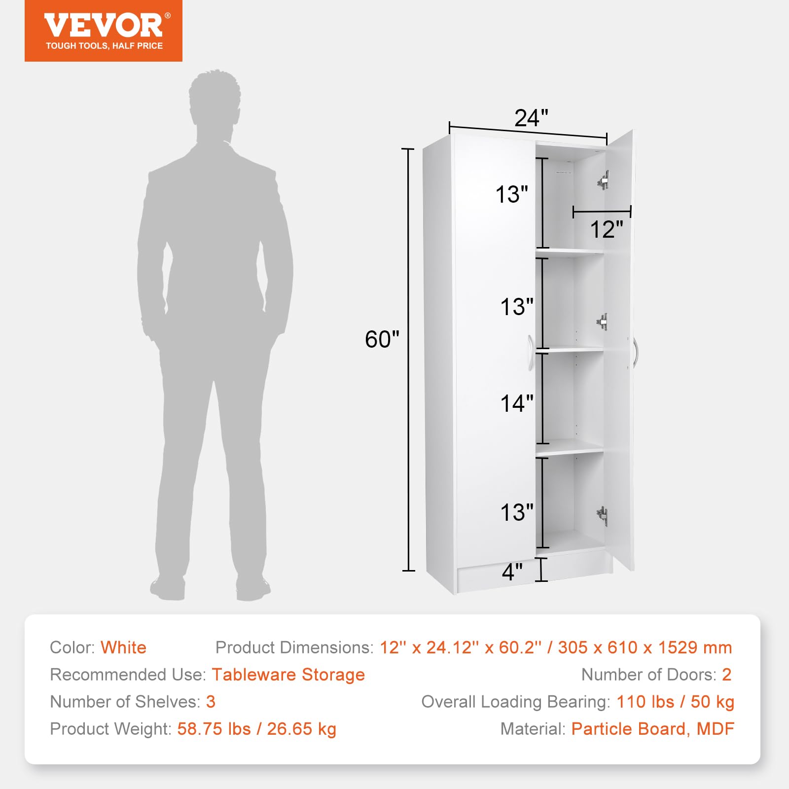 VEVOR Pantry, 60" Tall Food Storage Cabinet 110LBS Freestanding with 3 Shelves(2 Adjustable), Engineered Wood Utility for Kitchen and Dining Room, White - WoodArtSupply