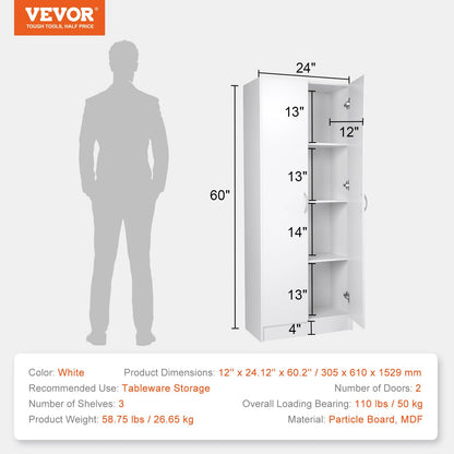 VEVOR Pantry, 60" Tall Food Storage Cabinet 110LBS Freestanding with 3 Shelves(2 Adjustable), Engineered Wood Utility for Kitchen and Dining Room, White - WoodArtSupply