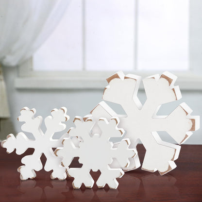 Bucherry 3 Pcs Christmas Wooden Snowflake Decor Rustic Winter Snowflake Table Signs Wonderland Snowflake Wood Blocks Farmhouse Xmas Tiered Tray Decorations for Xmas Table Shelf(Retro White)