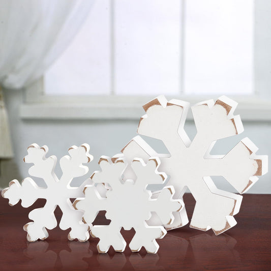 Bucherry 3 Pcs Christmas Wooden Snowflake Decor Rustic Winter Snowflake Table Signs Wonderland Snowflake Wood Blocks Farmhouse Xmas Tiered Tray Decorations for Xmas Table Shelf(Retro White)