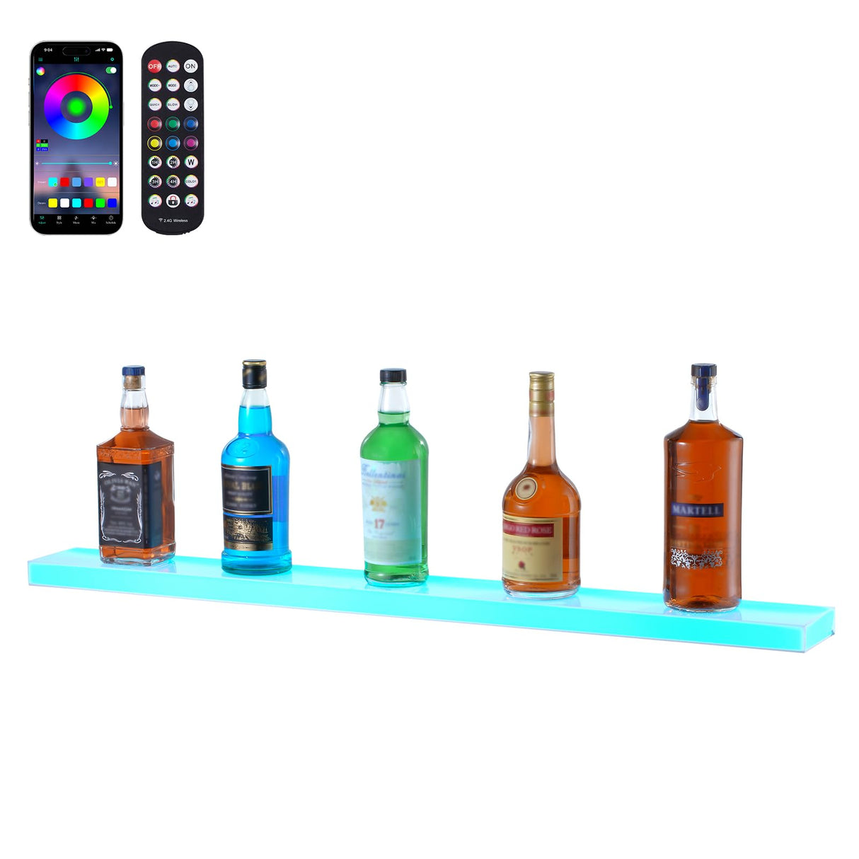 VEVOR LED Lighted Liquor Bottle Display, 1 Tier 40 Inch Wall Mounted Whiskey Rack Stand, 1 Step Commercial Illuminated Home Bar Shelf, Acrylic Drinks Light Shelves with RF Remote & App Control VEVOR