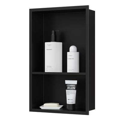 Qeke Stainless Steel Shower Niche 18" X 12", No Tile Needed Wall Niche Double Shelves, Recessed Shower Shelf for Bathroom Storage, Matte Black