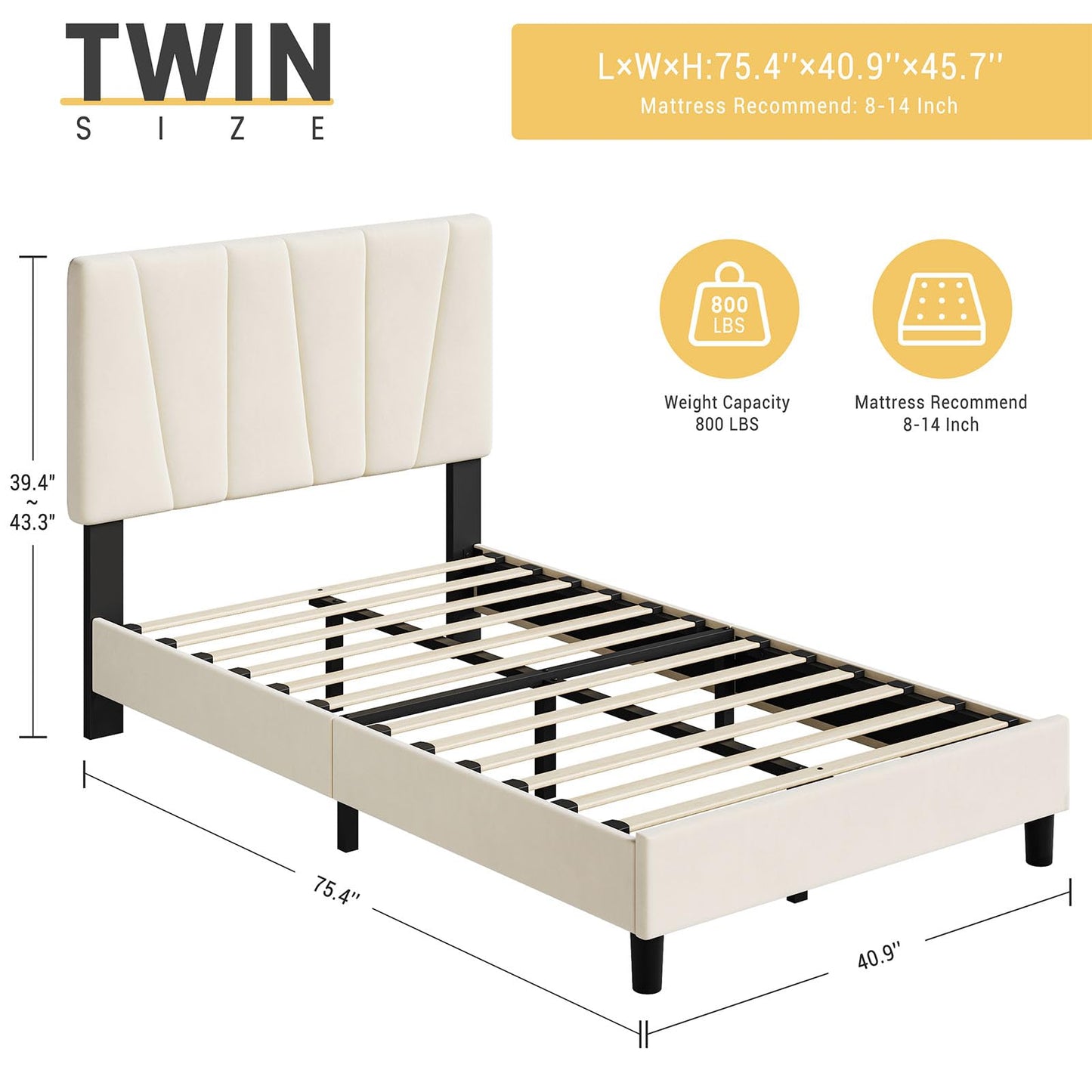 GarveeHome Twin Size Bed Frame with Adjustable Headboard, Velvet Upholstered Tufted Twin Platform Bedframe with Strong Wooden Slats, Mattress Foundation, No Box Spring Needed,Easy Assembly,Beige/Cream