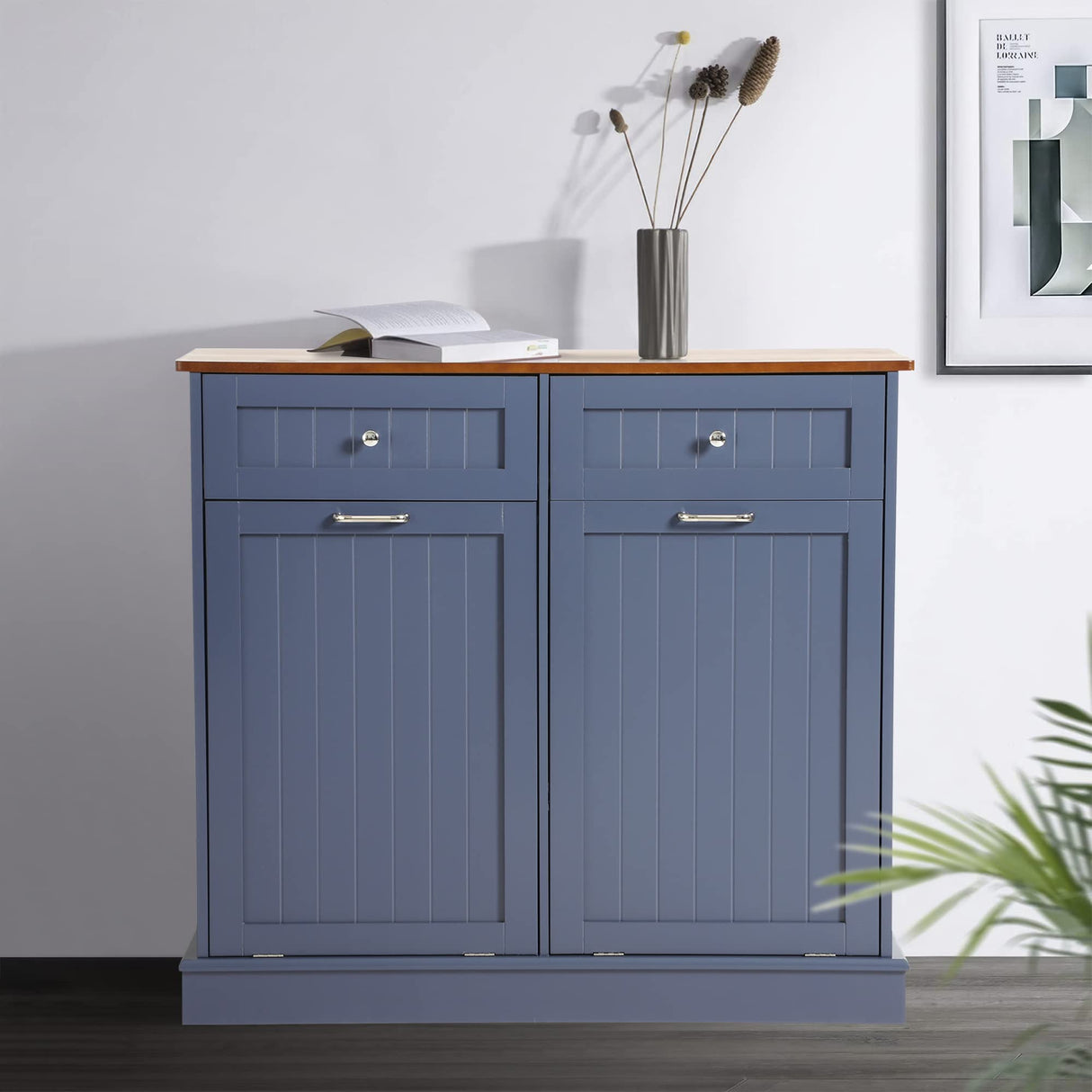 LOUVIXA Tilt Out Trash Can Cabinet with Double Hidden Trash Can Holder, Kitchen Free Standing Recycling Cabinet,Dog Proof Trash Can,Wood (Blue) LOUVIXA