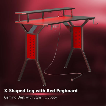 HEEYUE Gaming Desk with Power Outlets & LED Strip Lights,Computer Desk with Large Monitor Stand, Gamer Workstation with Stylish Metal Legs,Headphone Hook&Cup Holder for Home Office - WoodArtSupply