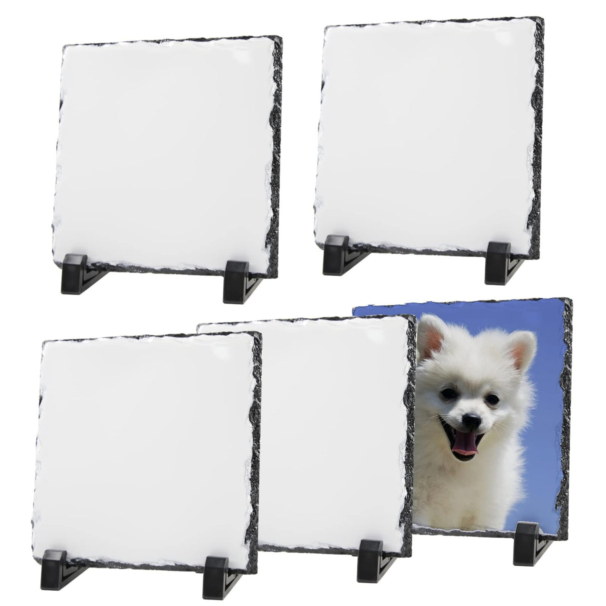 5 Pack Sublimation Slate Blanks Custom Stone Slate Picture Frame Heat Transfer Rock Photo Plaque 6x6 Inch with Display Stand Decoration for Desktop Souvenir DIY Personalized Gift ORJ