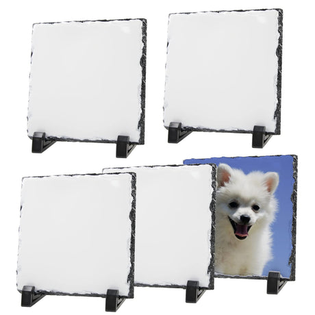 5 Pack Sublimation Slate Blanks Custom Stone Slate Picture Frame Heat Transfer Rock Photo Plaque 6x6 Inch with Display Stand Decoration for Desktop Souvenir DIY Personalized Gift ORJ