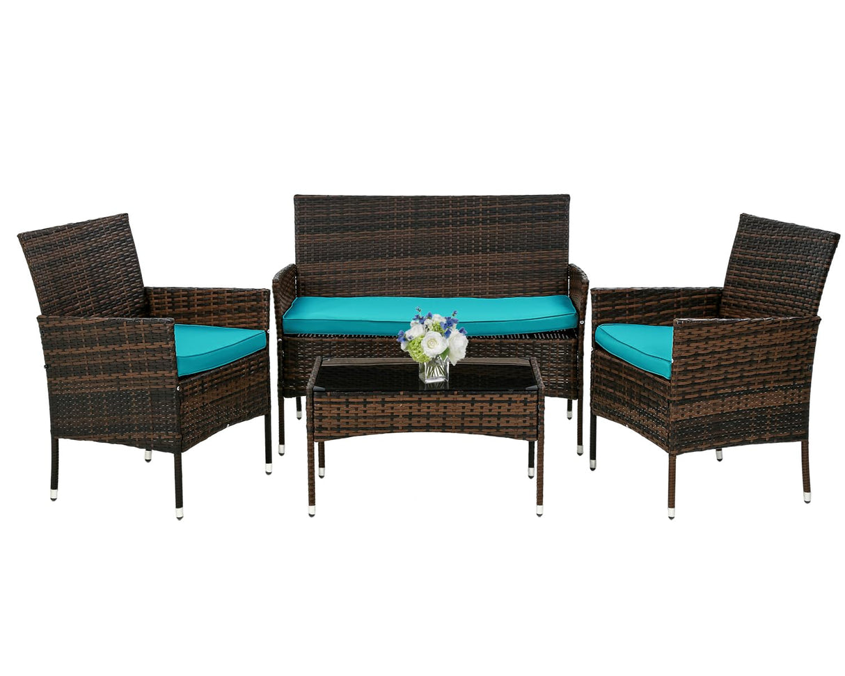 PayLessHere Outdoor Furniture Set 4 Pcs Modular Patio Furniture Set Water Resistant Conversation Set with 3 Rattan Chairs 1 Tempered Glass Topped Table for Patio Poolside, Brown Wicker/Blue Cushions PayLessHere