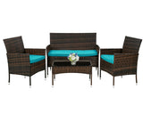 PayLessHere Outdoor Furniture Set 4 Pcs Modular Patio Furniture Set Water Resistant Conversation Set with 3 Rattan Chairs 1 Tempered Glass Topped Table for Patio Poolside, Brown Wicker/Blue Cushions PayLessHere