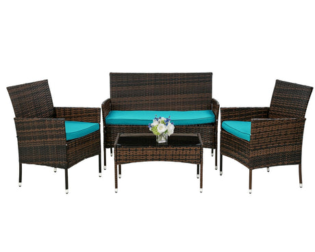 PayLessHere Outdoor Furniture Set 4 Pcs Modular Patio Furniture Set Water Resistant Conversation Set with 3 Rattan Chairs 1 Tempered Glass Topped Table for Patio Poolside, Brown Wicker/Blue Cushions PayLessHere