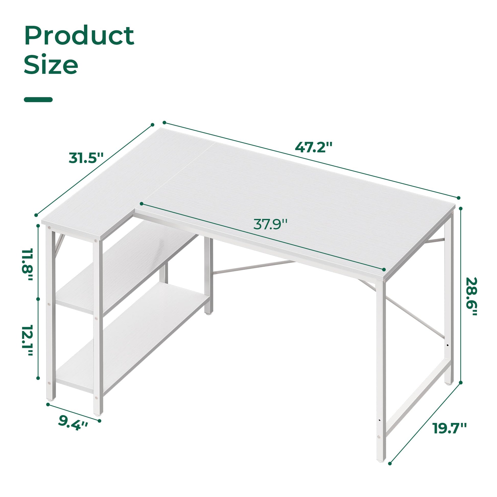 Huuger L Shaped Desk, 47 Inches Computer Desk with Reversible Storage Shelves, Gaming Desk, Corner Desk Home Office Desks, Writing Desk Study Desk with Metal Frame, White - WoodArtSupply