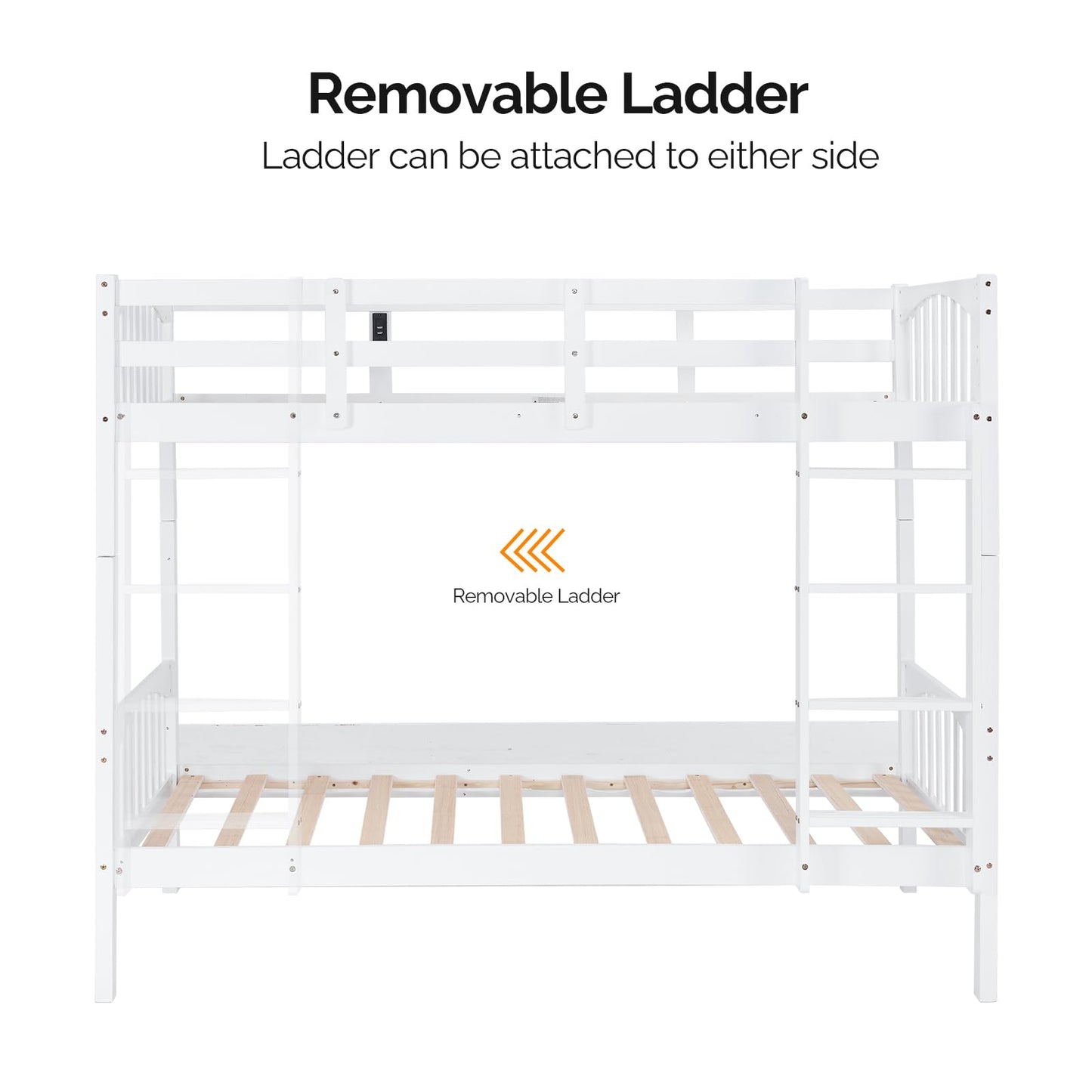 VINGLI Twin Over Twin Solid Wood Bunk Bed with LED Lights, USB Ports, and High Guardrails - White - WoodArtSupply