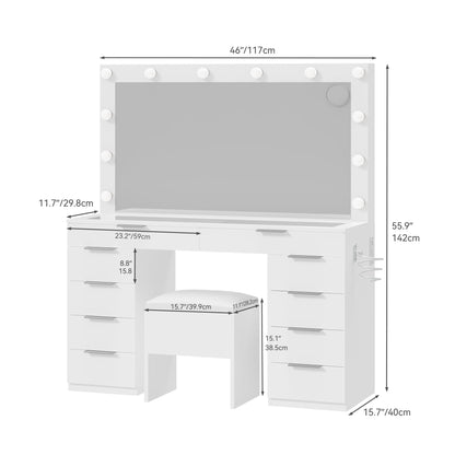 YITAHOME Makeup Vanity Desk with Large Mirror, 10-Drawer Vanity Set with Glass Tabletop & Charging Station, Dressing Table with Storage Chair & 3-Color Brightness Adjustable Lighting, Snow White