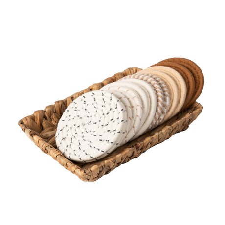 Coasters for Drinks & Water Hyacinth Storage Basket Set- 6 Styles 12 Pcs Boho Absorbent Coasters for Coffee Table, Large Hand Woven Wicker Basket for Home Decor ANPHSIN