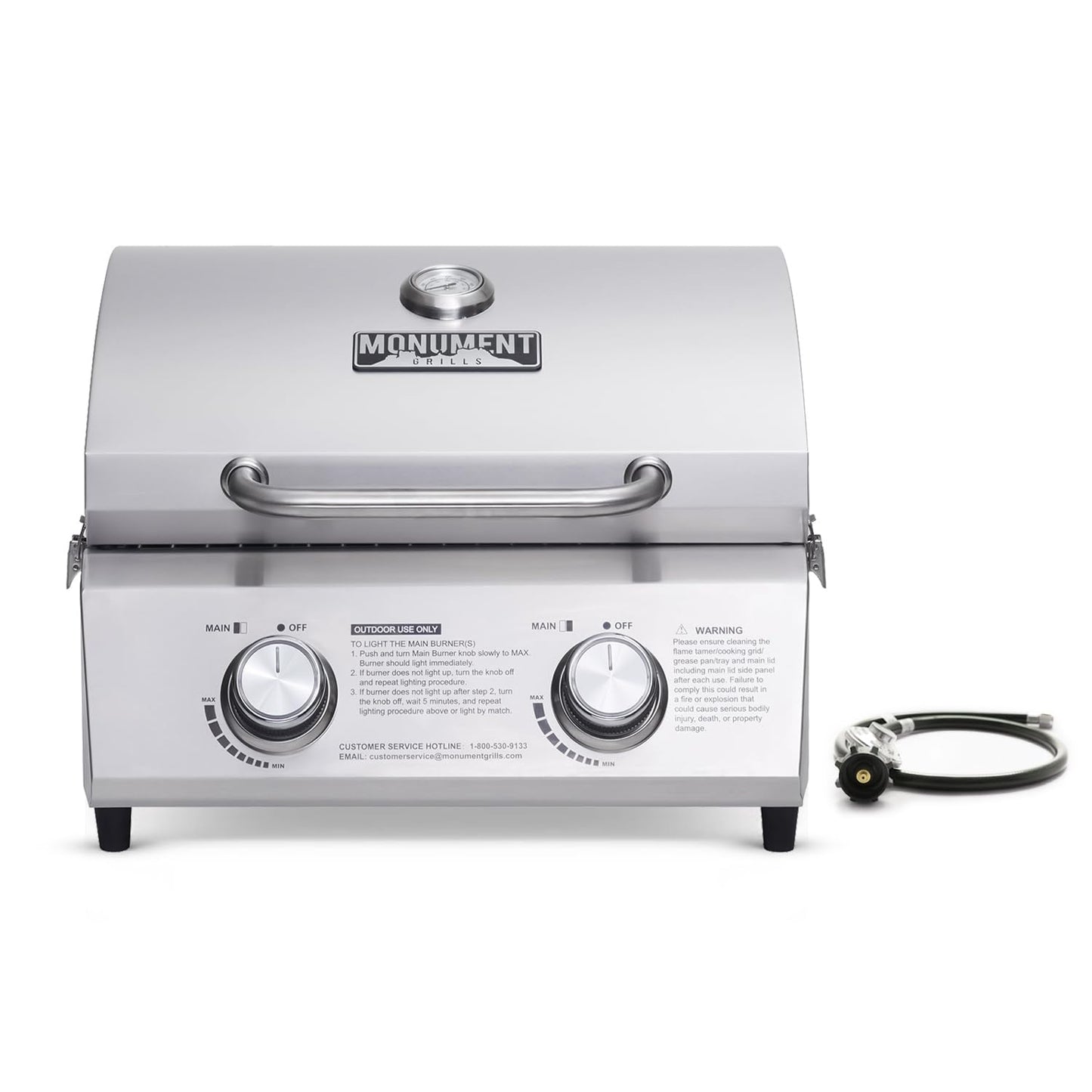 Monument Grills Tabletop Propane Gas Grill for Outdoor Portable Camping Cooking with Travel Locks, Stainless Steel High Lid, and Built in Thermometer