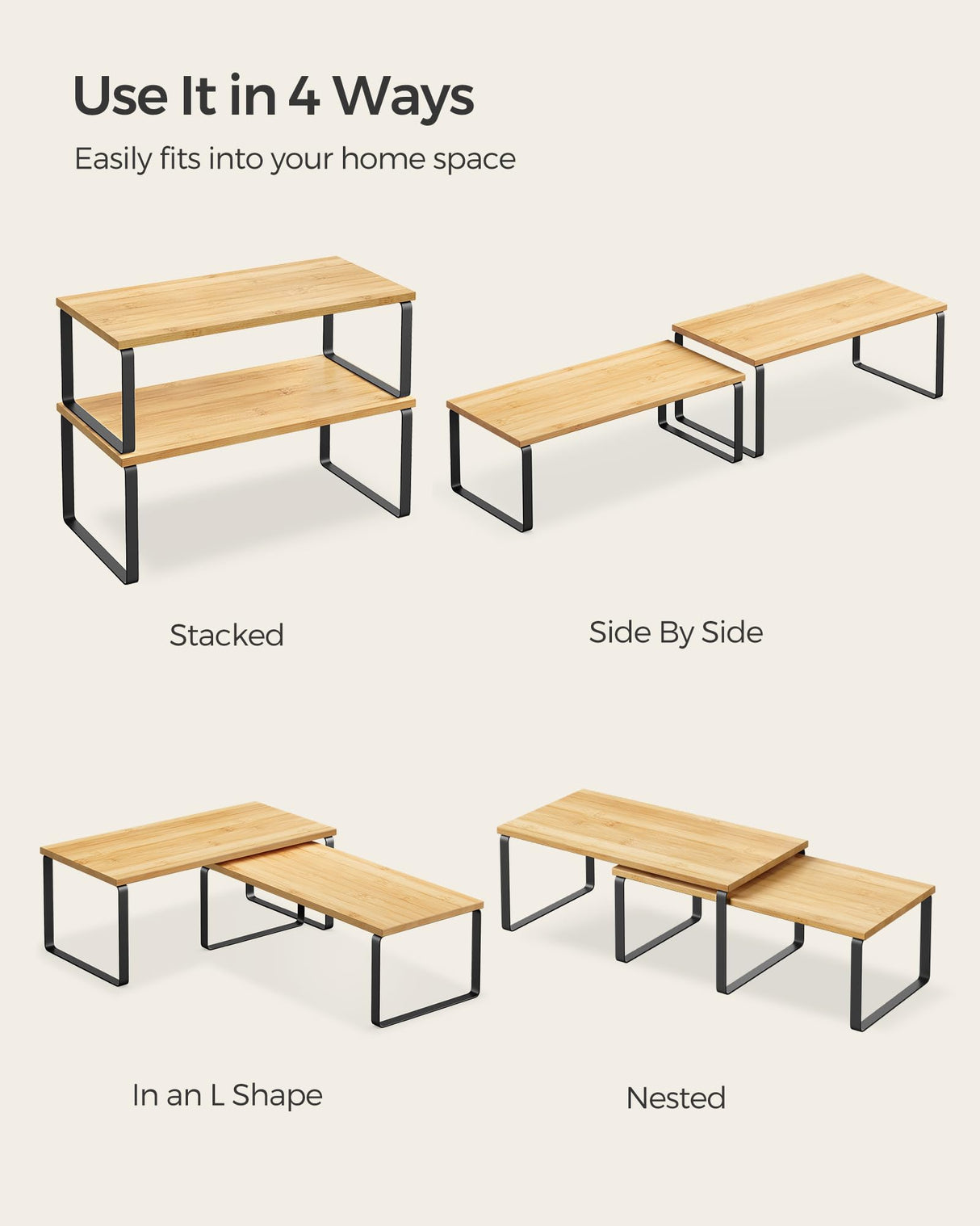 SONGMICS Cabinet Organizer Shelf, Set of 2 Kitchen Counter Shelves, Kitchen Storage, Spice Rack, Stackable, Expandable, Metal and Engineered Wood, Ink Black and Natural Beige UKCS200B01 SONGMICS