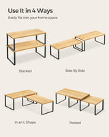 SONGMICS Cabinet Organizer Shelf, Set of 2 Kitchen Counter Shelves, Kitchen Storage, Spice Rack, Stackable, Expandable, Metal and Engineered Wood, Ink Black and Natural Beige UKCS200B01 SONGMICS