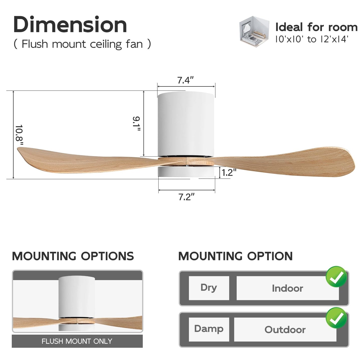 ELEHINSER 42 Inch Low Profile Ceiling Fan with Lights, Modern Flush Mount Ceiling Fan, 3 ABS Blades, 6-Speed, Reversible DC Motor, Noiseless, for Indoor/Outdoor Kitchen Bedroom, White+Wood