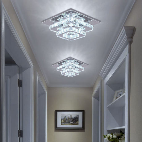 FRIXCHUR Crystal Ceiling Light Square Chandelier Modern LED Flush Mount 2 Layers Ceiling Lamp Lighting Fixture for Dining Room Living Room Bedrooms Kitchen Hallway Foyer (Cool White) FRIXCHUR
