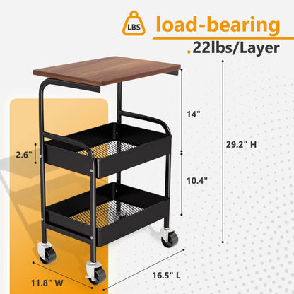 HIDODO Rolling Cart with Wooden Tabletop, 3 Tier Metal Utility Cart, Rolling Storage Organizer Cart with Lockable Wheels for Kitchen, Office, Bedroom (Black) - WoodArtSupply