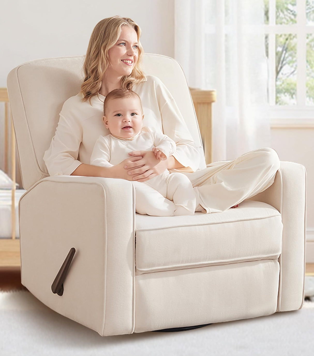 Tbfit 360° Swivel Recliner Chair, Nursery Rocking Chair with Lumbar Support for Bedroom, Comfy Upholstered Armchair with Pillows & Footrest for Living Room, Beige Tbfit