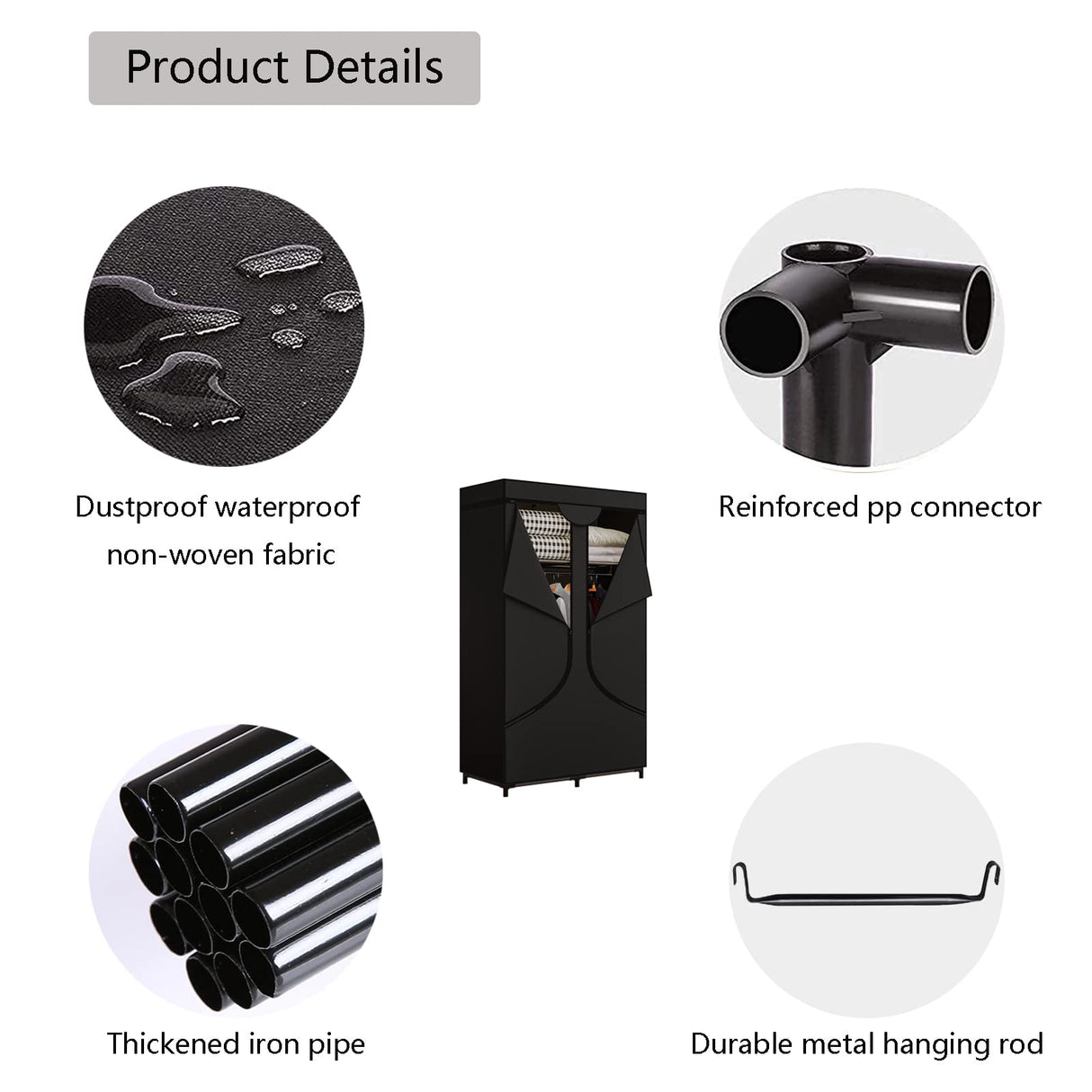 SORCEDAS Portable Wardrobe Closet Storage Organizer Metal Hanging Rack Non-Woven Fabric 34 Inch Black SORCEDAS