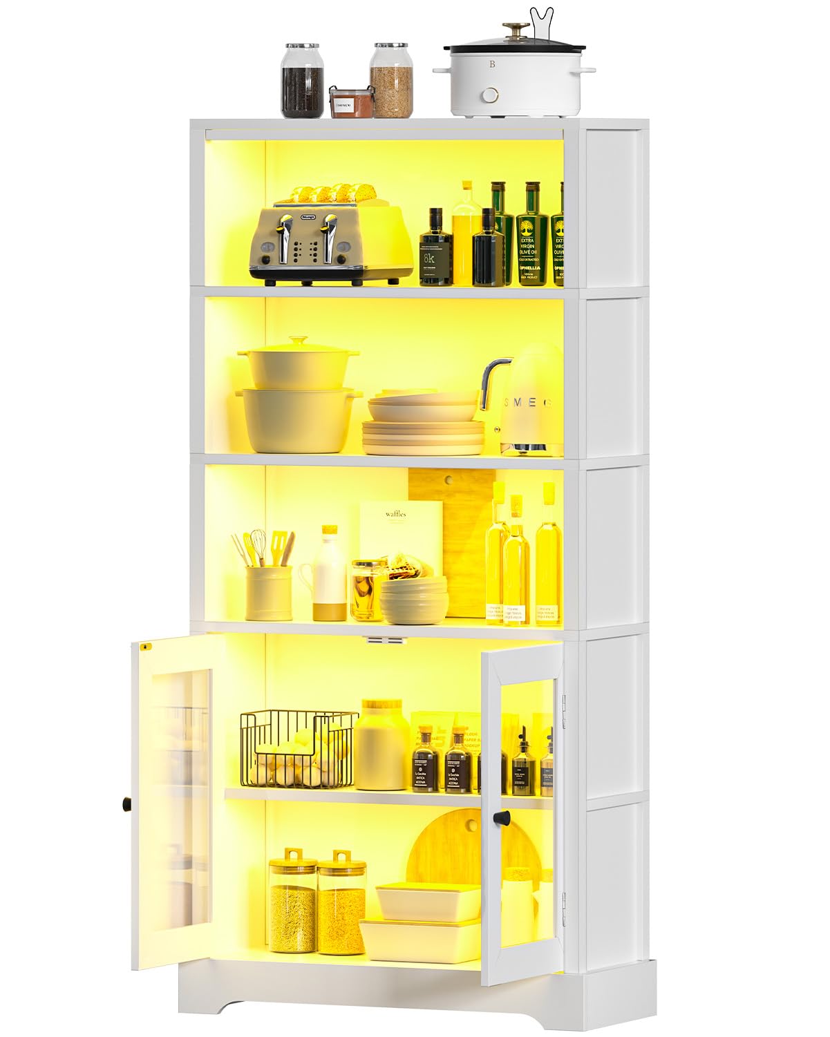TVU 5-Tier Bookshelf, 65" Bookshelf with Multi-Color Ambient Lights (APP Remote Control), Tall Vertical Display Shelf with Cabinet Doors, Suitable for Living Room, Bedroom, Study, Office, White TVU