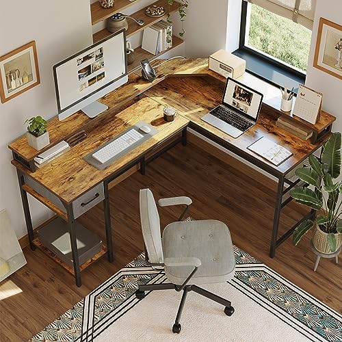 CubiCubi 58" L Shaped Gaming Desk with LED Lights & Power Outlets - Rustic Brown Corner Computer Desk with Storage and Monitor Stand - WoodArtSupply