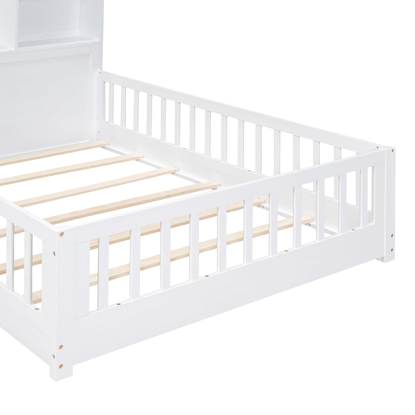 MERITLINE White Montessori Floor Bed with House Design, Drawers, Shelves, and USB Ports for Kids - WoodArtSupply