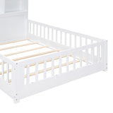 MERITLINE White Montessori Floor Bed with House Design, Drawers, Shelves, and USB Ports for Kids MERITLINE