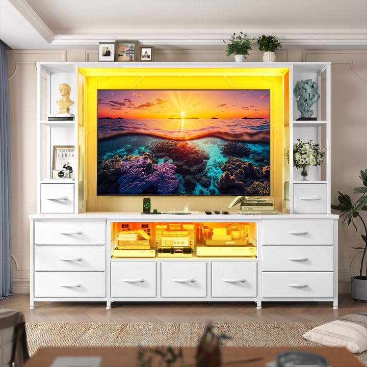 78.6" W Stands for Living Room, Large Wall Unit Entertainment Center with 11 Fabric Drawer,Dresser TV Stand with 2 LED Lights & Power Outlets,TV Stand for Bedroom with Storage Shelves,White EnHomee