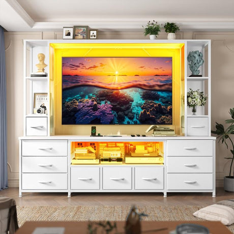 78.6" W Stands for Living Room, Large Wall Unit Entertainment Center with 11 Fabric Drawer,Dresser TV Stand with 2 LED Lights & Power Outlets,TV Stand for Bedroom with Storage Shelves,White EnHomee