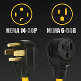 PLIS NEMA 14-30P Male to 6-50R Female Outlet Receptacle Generator Welder Dryer EV Charger Power Cord Adapter, Heavy Duty STW 10AWG 3C 250V/125V 30AMP 1.5FT PLIS