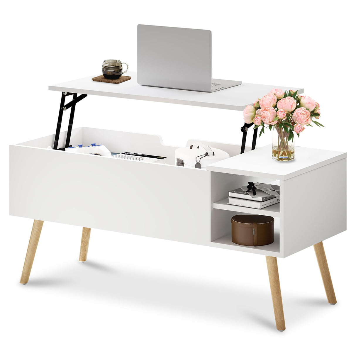 ALINE FURNITURE White Coffee Table Lift Top - Lift Top Coffee Table with Hidden Compartment Storage - Wood Coffee Table with Lifting Top - Pull Up Coffee Tables for Living Room ALINE FURNITURE