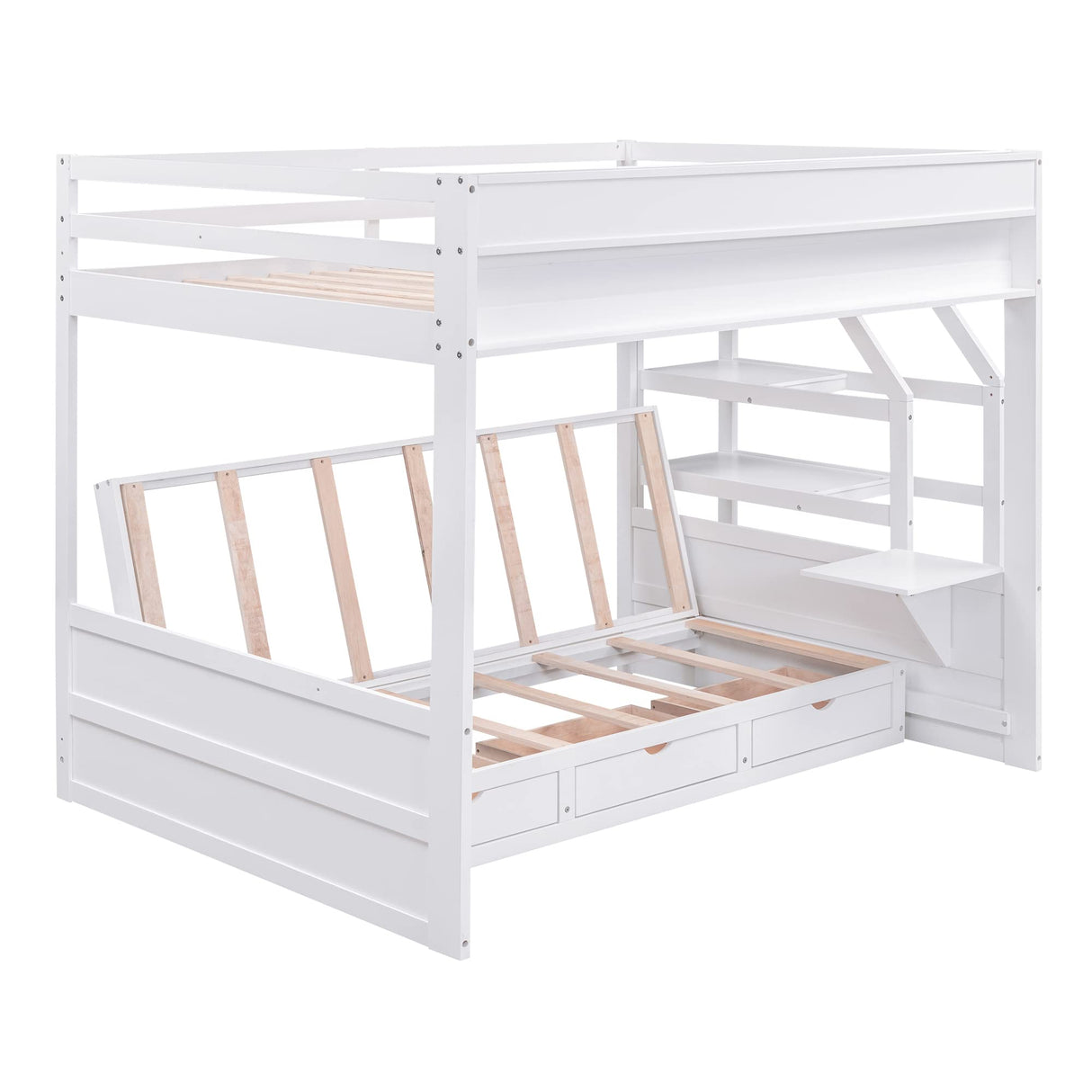 Harper & Bright Designs Full Over Full/Futon Bunk Beds with Stairs, Built-in Small Shelf, and 3 Drawers, Bottom Bed can be Converted into Daybed, Solid Wood Convertible Bunk Bed Frame (White) Harper & Bright Designs