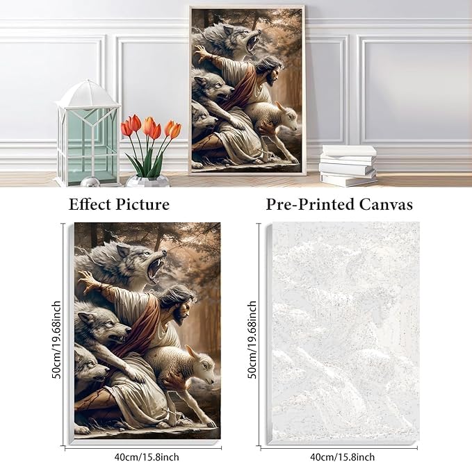 KYOQFVN Jesus and Wolf Paint by Numbers for Adults - DIY Adult Paint by Number Kit on Canvas, Easy Acrylic Painting Kits for Home Wall Decor 16x20 Inch（Without Frame） KYOQFVN
