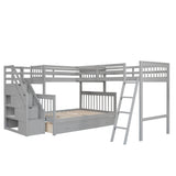 Bellemave L-Shape Triple Bunk Beds with Stairs and Storage Drawers Twin Over Full Bunk Bed Attached a Loft Bed with Drawers Wood Corner Bunked for 3 Kids Boys Girls Teens, Gray Bellemave