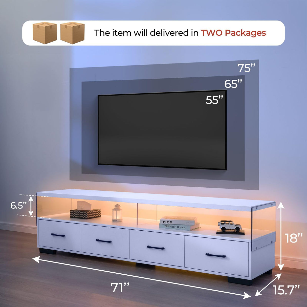 Cubehom LED TV Stand 75 inch TV Stands for Living Room Modern Entertainment Center with 4 Drawers TV Console Tables for Bedroom, Living Room (White, 71 inch) Cubehom