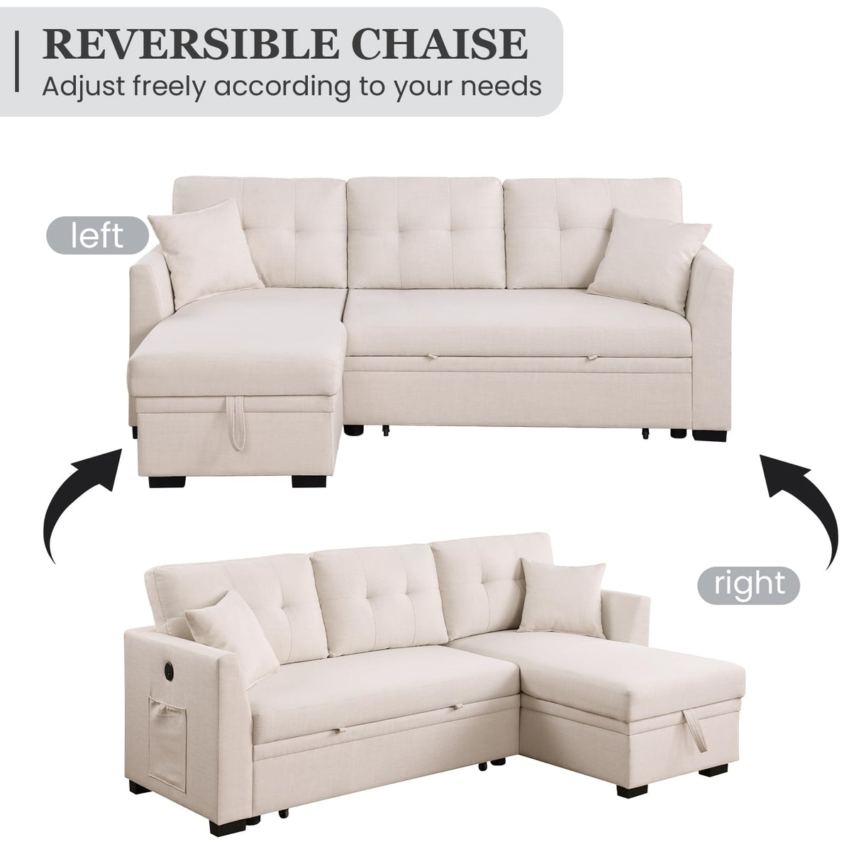 Yafylly L-Shaped Sofa with Storage and Pull-Out Bed, Convertible Futon Chaise Lounge with Ports, Recliner for Living Room, Bedroom, Apartment, Office, Beige Yafylly