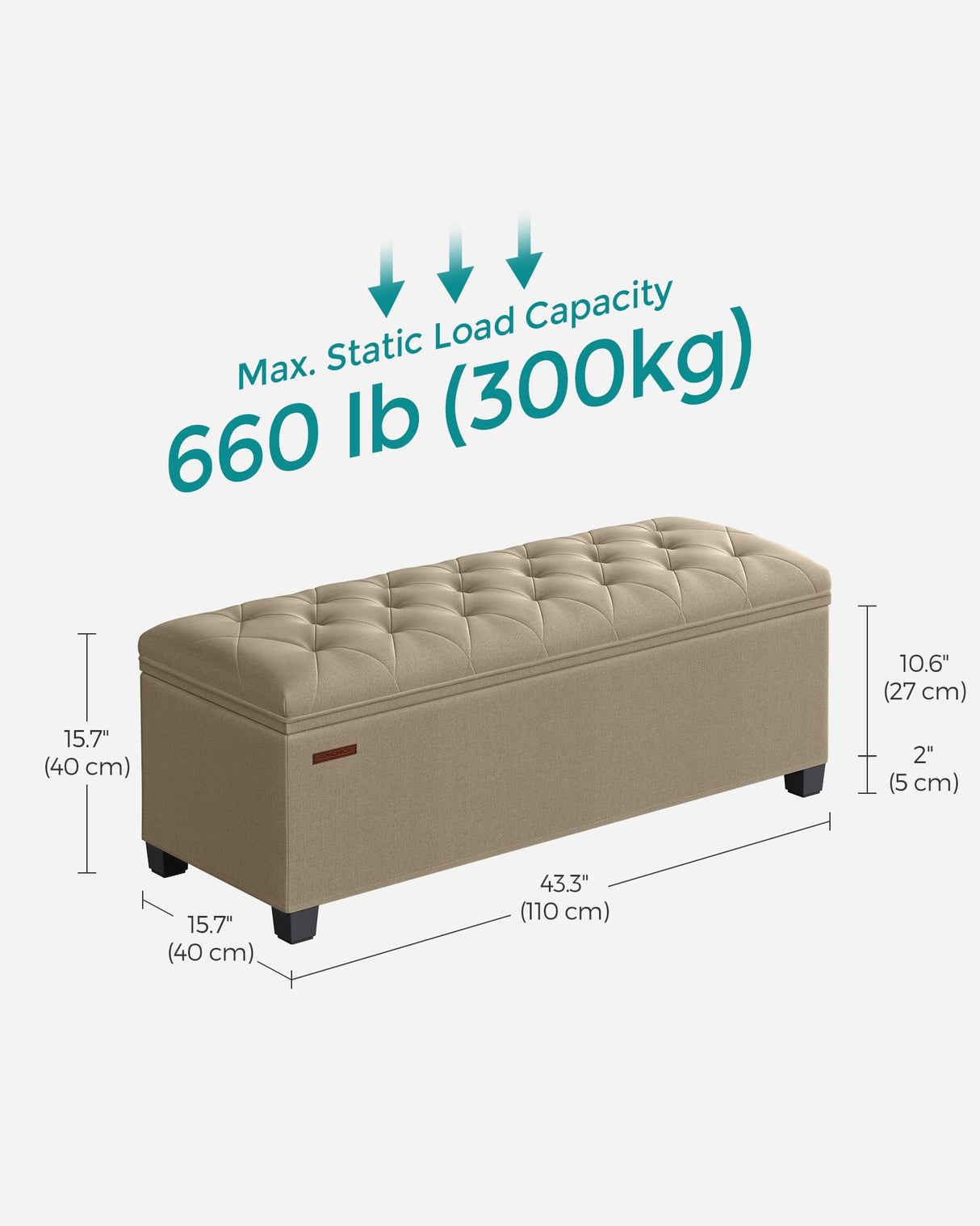 SONGMICS Storage Ottoman Bench, Foot Rest with Legs, 15.7 x 43.3 x 15.7 Inches, End of Bed Bench, Storage Chest, Load up to 660 lb, for Living Room, Bedroom, Entryway, Camel Brown ULSF088R01 SONGMICS