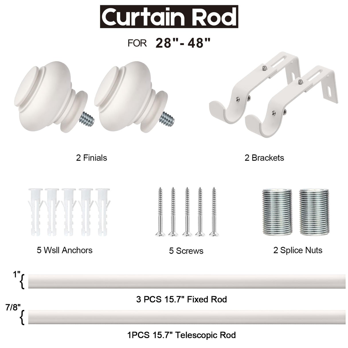SIMEWIN White Curtain Rods for Windows 28 to 48 Inches Adjustable Decorative 1 Inch Diameter Single Window Curtain Rod Set with Classic Finials, White Finishing SIMEWIN