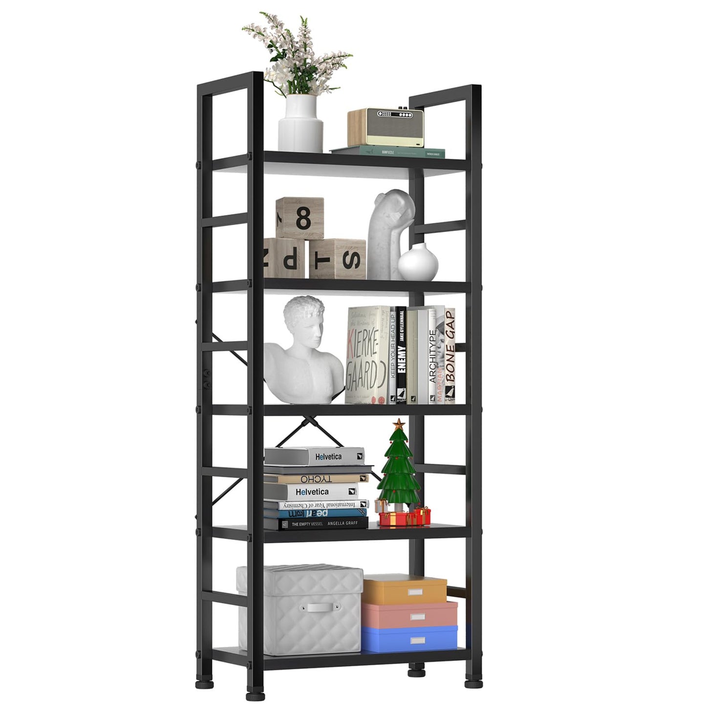 Sweetcrispy Book Shelf, 5 Tier Bookcase, Tall Bookshelf Modern Book Case for Books, Garage Kit, CDs, Movies, Black Industrial Corner Storage Organizer for Bedroom Home Office Kitchen Living R - WoodArtSupply