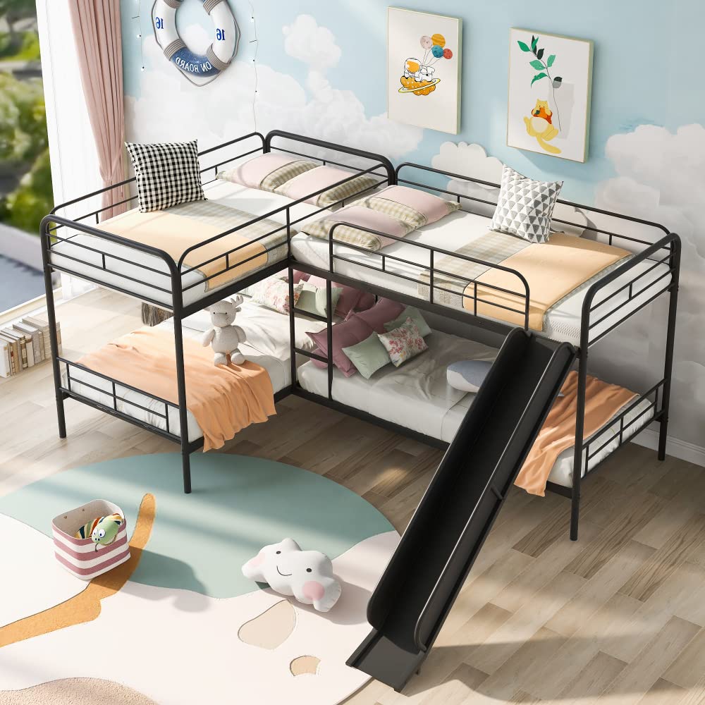 DNChuan Quad Bunk Beds,Metal L-Shaped with Slide and Ladder,Twin Size Bunk Beds for 4 - Black DNChuan