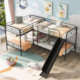 DNChuan Quad Bunk Beds,Metal L-Shaped with Slide and Ladder,Twin Size Bunk Beds for 4 - Black DNChuan