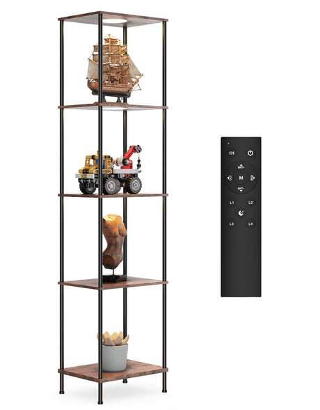 Display Shelf with RGBCW Light, Color Changing Curio Cabinet Floor Lamp with Shelves Corner Standing Column Lamp Etagere Organizer Tower Nightstand Bookcase for Living Room Bedroom Office Décor, Brown PARTPHONER