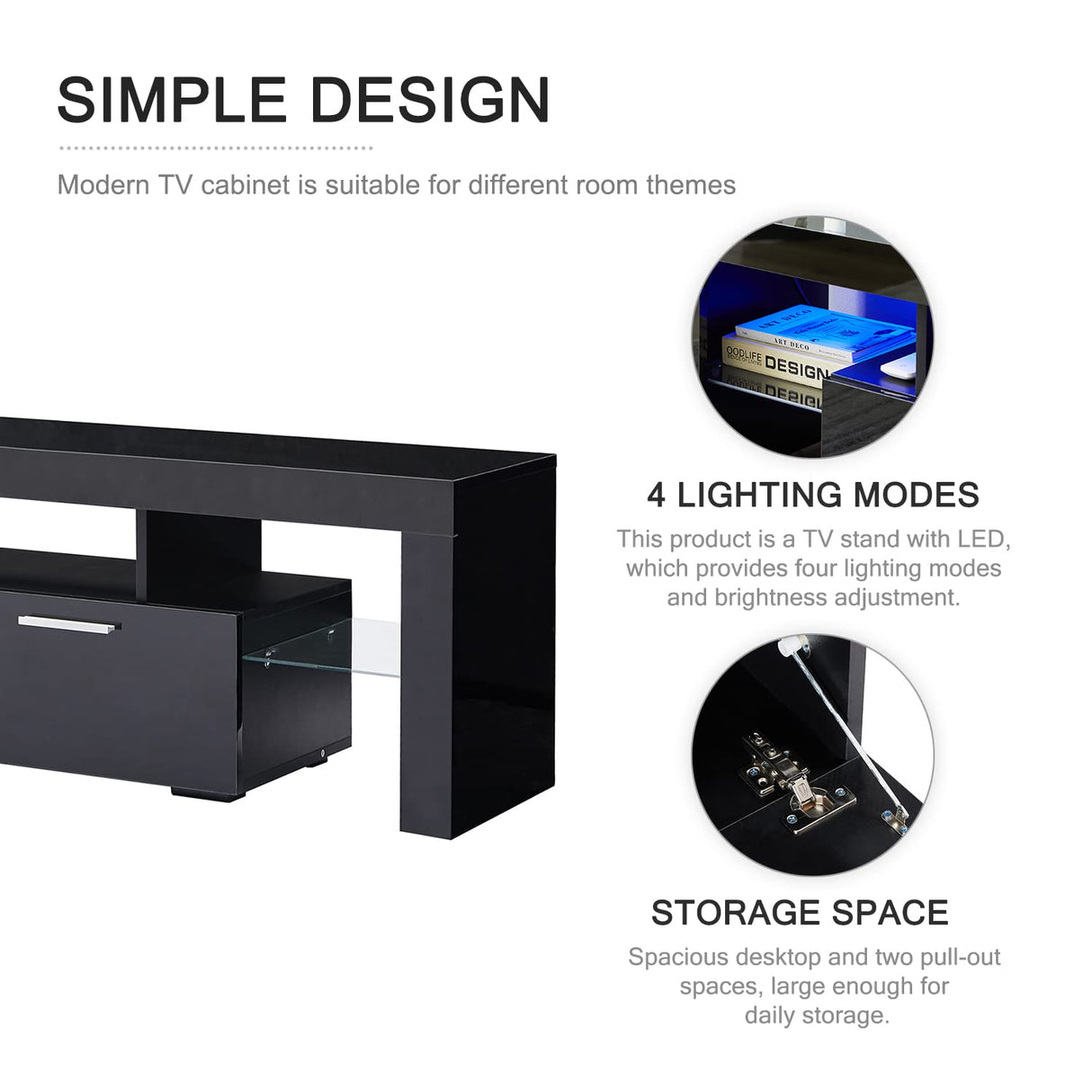 Nrizc Black LED TV Stand for 75 Inch TV, High Gloss TV Entertainment Center with Storage Drawer, TV Console Table for Living Room, Bedroom Nrizc