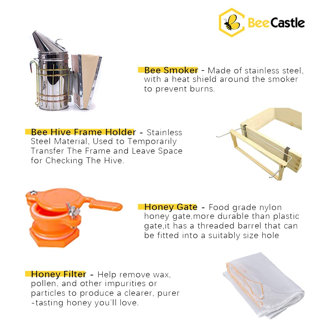 BeeCastle 8-Frame Bee Hives and Supplies Starter Kit,Beehive Kit Dipped in 100% Beeswax,Bee Keeping Supplies-All Beginners Kit Includes Beekeeping Supplies Tool Set and Bee Suit. BeeCastle