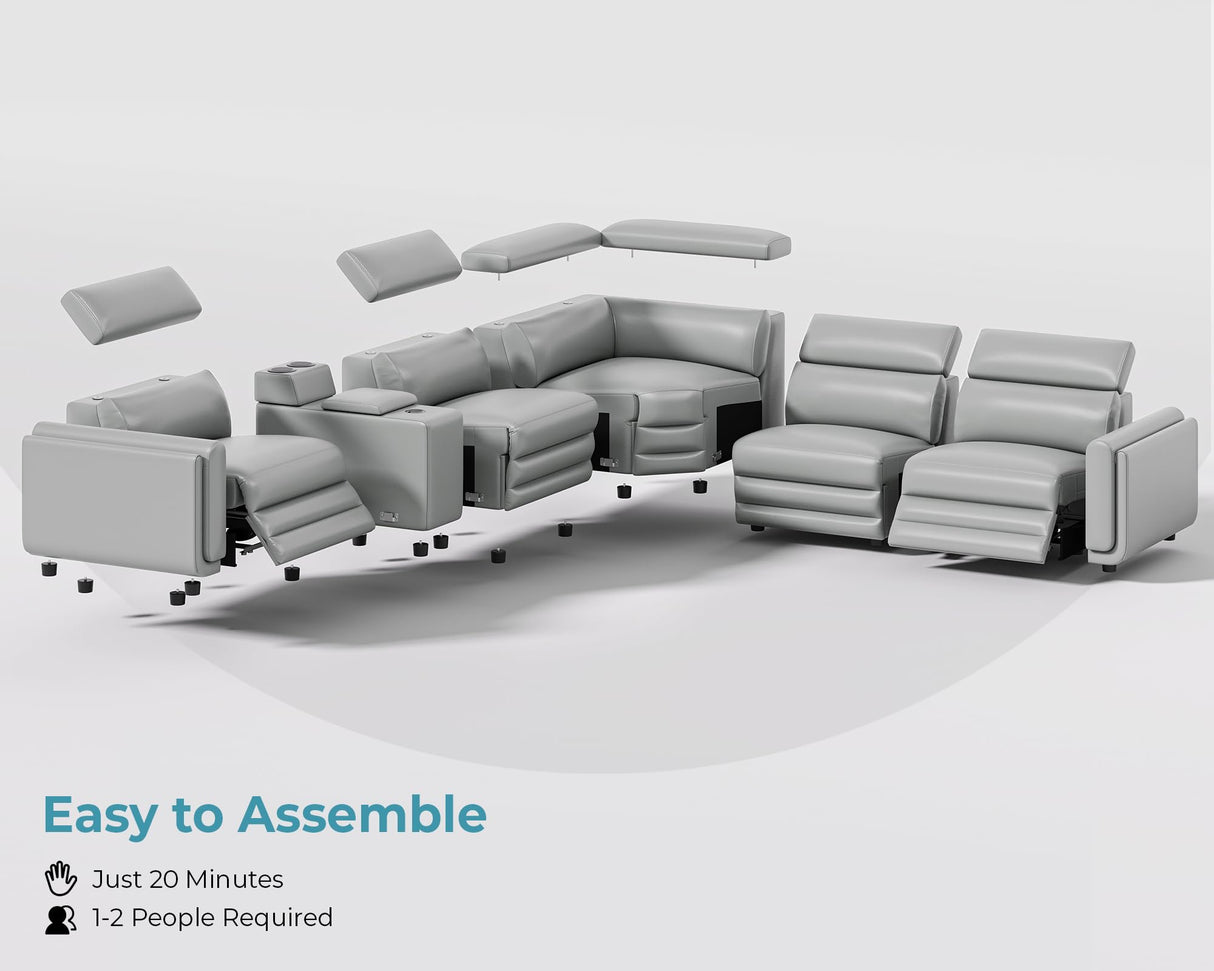 Jocisland Dual Power Recliner, Oversized 5-Seater Sofa with Console, 3 Bluetooth Speakers & Hidden Storage, Modern L Shaped Reclining Couch with 6 Charging Ports - Light Gray Leathaire Jocisland