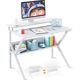 ODK Small Computer Desk, 27.5 inch Desk for Small Spaces with Storage, Compact Table with Monitor & Storage Shelves for Home Office, Modern Style Laptop Desk, Pure White ODK